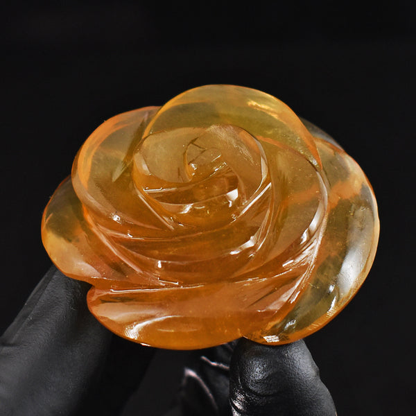 Genuine 384.00 Cts Genuine Yellow Fluorite Carved Crystal Gemstone Rose Carving