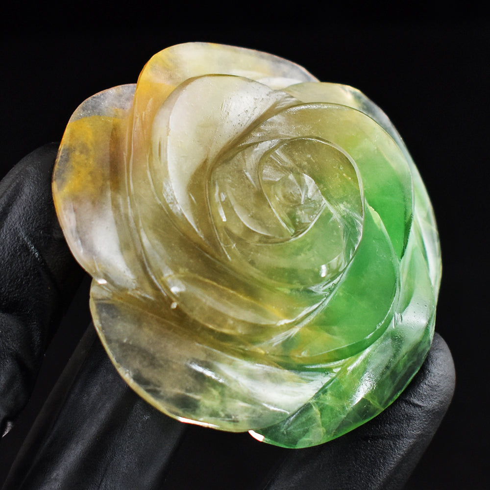 Beautiful 305.00 Cts Genuine Multicolor Fluorite Carved Gemstone Rose Carving