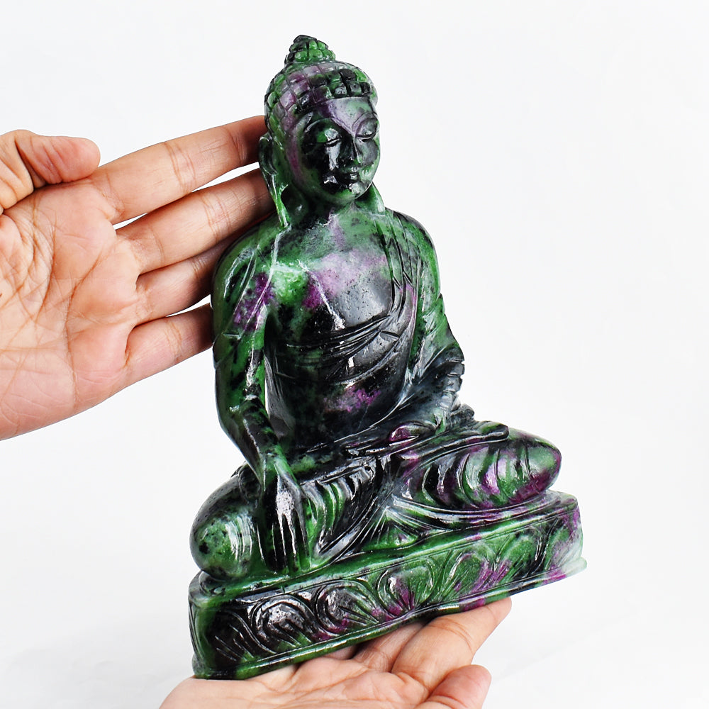 Exclusive 9340.00 Carats Genuine Ruby Zoisite Hand Carved Crystal Buddha Statue Gemstone Carving