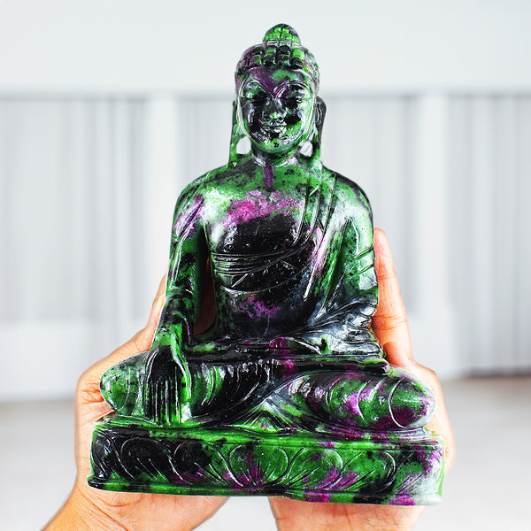 Exclusive 9340.00 Carats Genuine Ruby Zoisite Hand Carved Crystal Buddha Statue Gemstone Carving