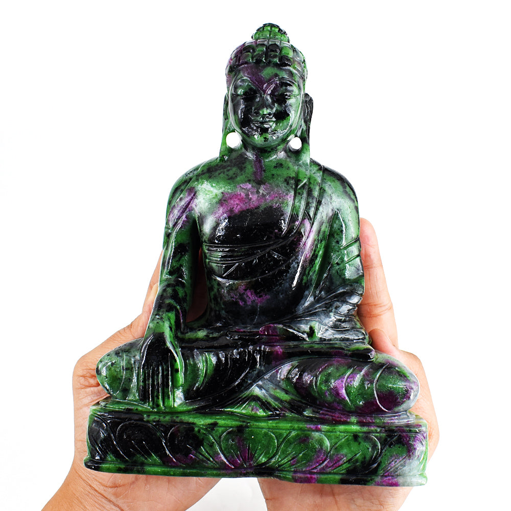 Exclusive 9340.00 Carats Genuine Ruby Zoisite Hand Carved Crystal Buddha Statue Gemstone Carving