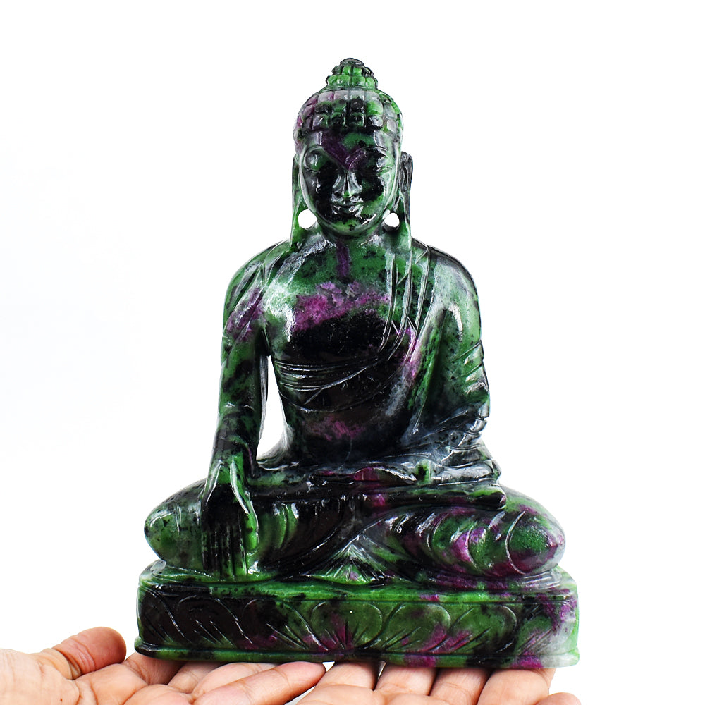 Exclusive 9340.00 Carats Genuine Ruby Zoisite Hand Carved Crystal Buddha Statue Gemstone Carving