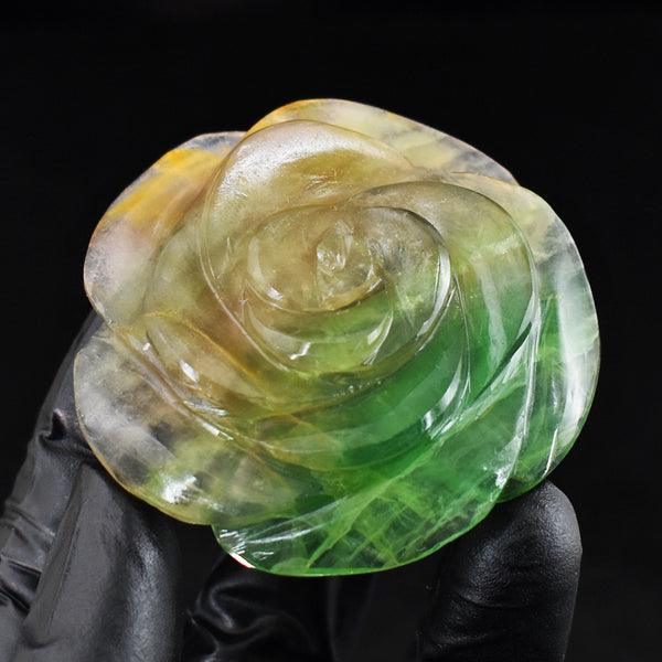 Beautiful 305.00 Cts Genuine Multicolor Fluorite Carved Gemstone Rose Carving