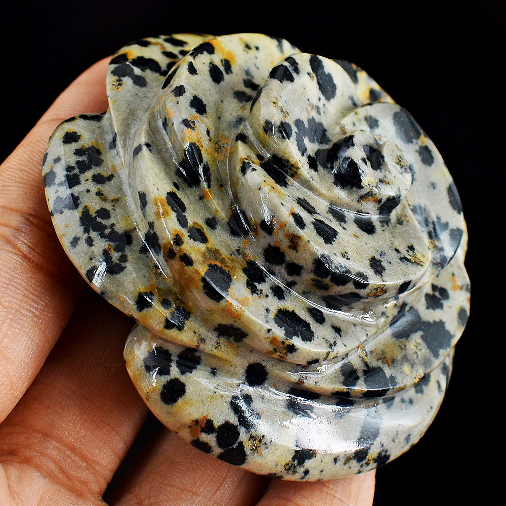 Craftsmen  606.00 Carats  Genuine  Dalmation Jasper  Hand  Carved  Crystal  Rose  Flower  Gemstone  Carving