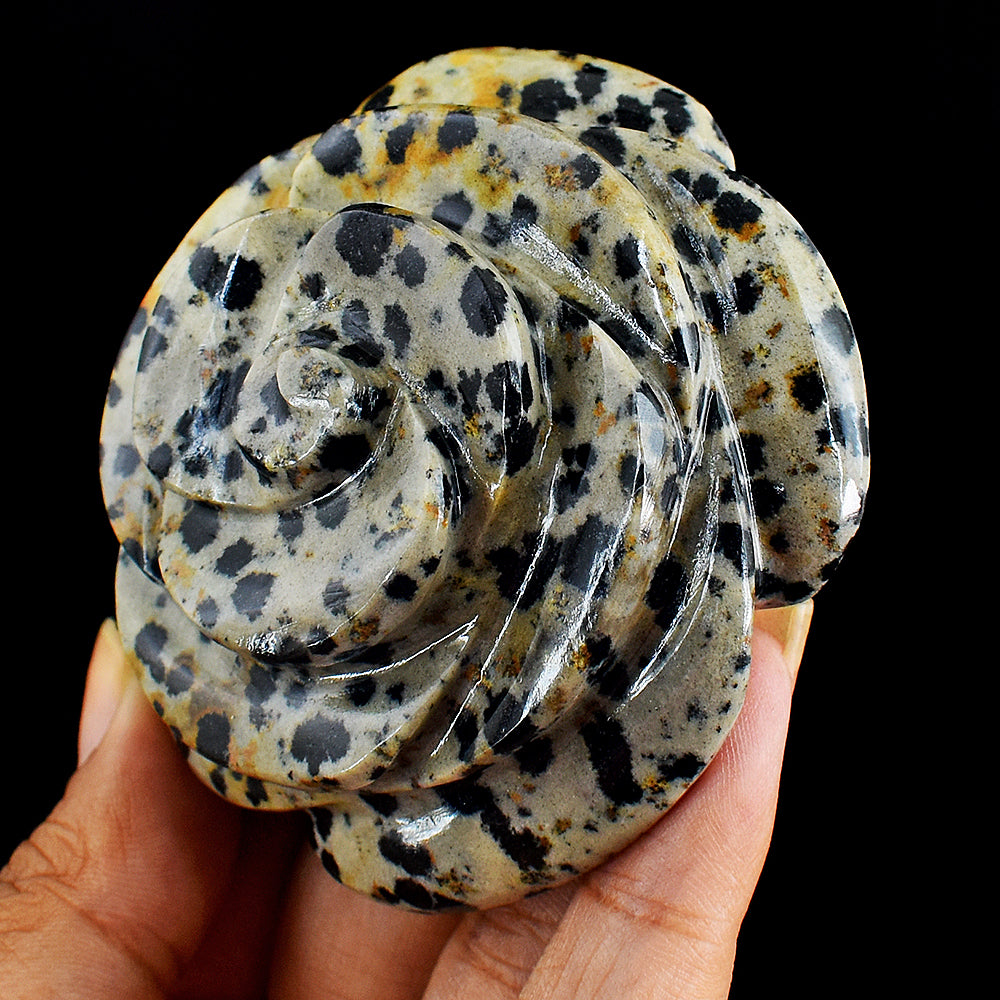 Craftsmen  606.00 Carats  Genuine  Dalmation Jasper  Hand  Carved  Crystal  Rose  Flower  Gemstone  Carving