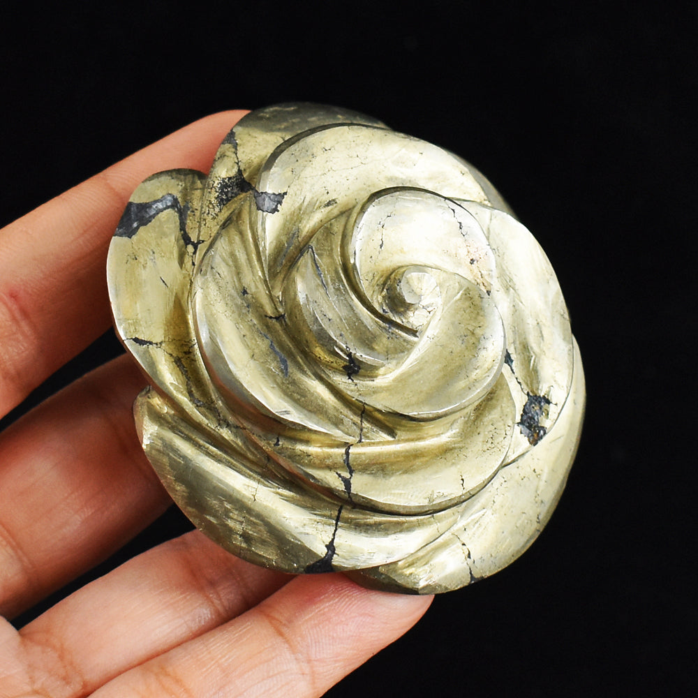 Artisian  1224.00 Carats  Genuine  Pyrite  Hand  Carved Crystal  Rose Flower  Gemstone  Carving