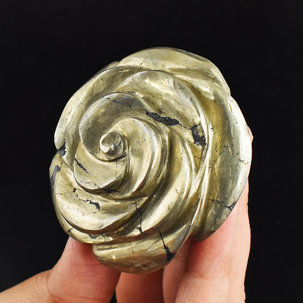 Artisian  1224.00 Carats  Genuine  Pyrite  Hand  Carved Crystal  Rose Flower  Gemstone  Carving