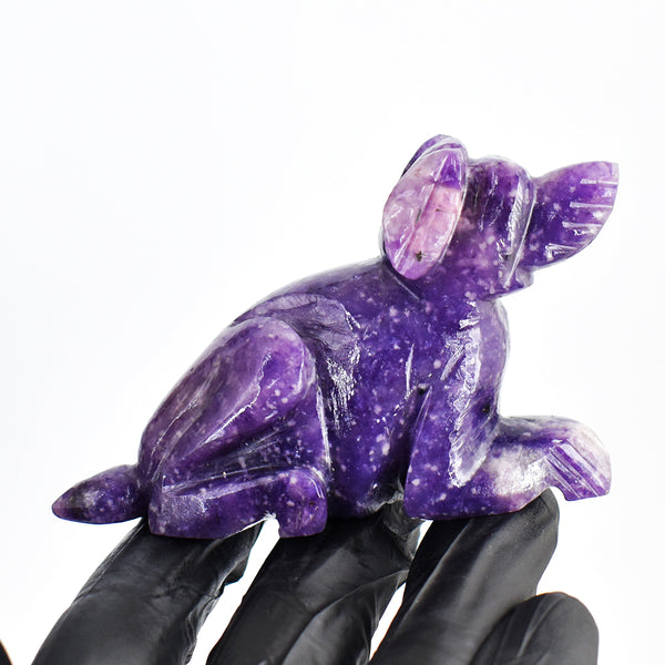 Amazing 557.00 Cts Genuine Lepidolite Hand Carved Crystal Gemstone Dog Carving