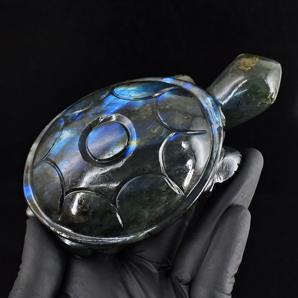 Gorgeous 1809.00 Cts  Genuine  Blue  Flash Labradorite Hand Carved Crystal Gemstone Turtle Carving