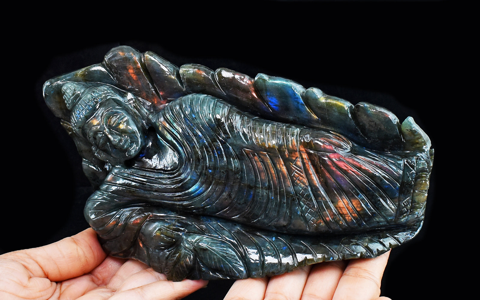 Excellent 6890.00 Cts Genuine Pink Flash Labradorite Hand Carved Sleeping Lord Buddha Gemstone Carving