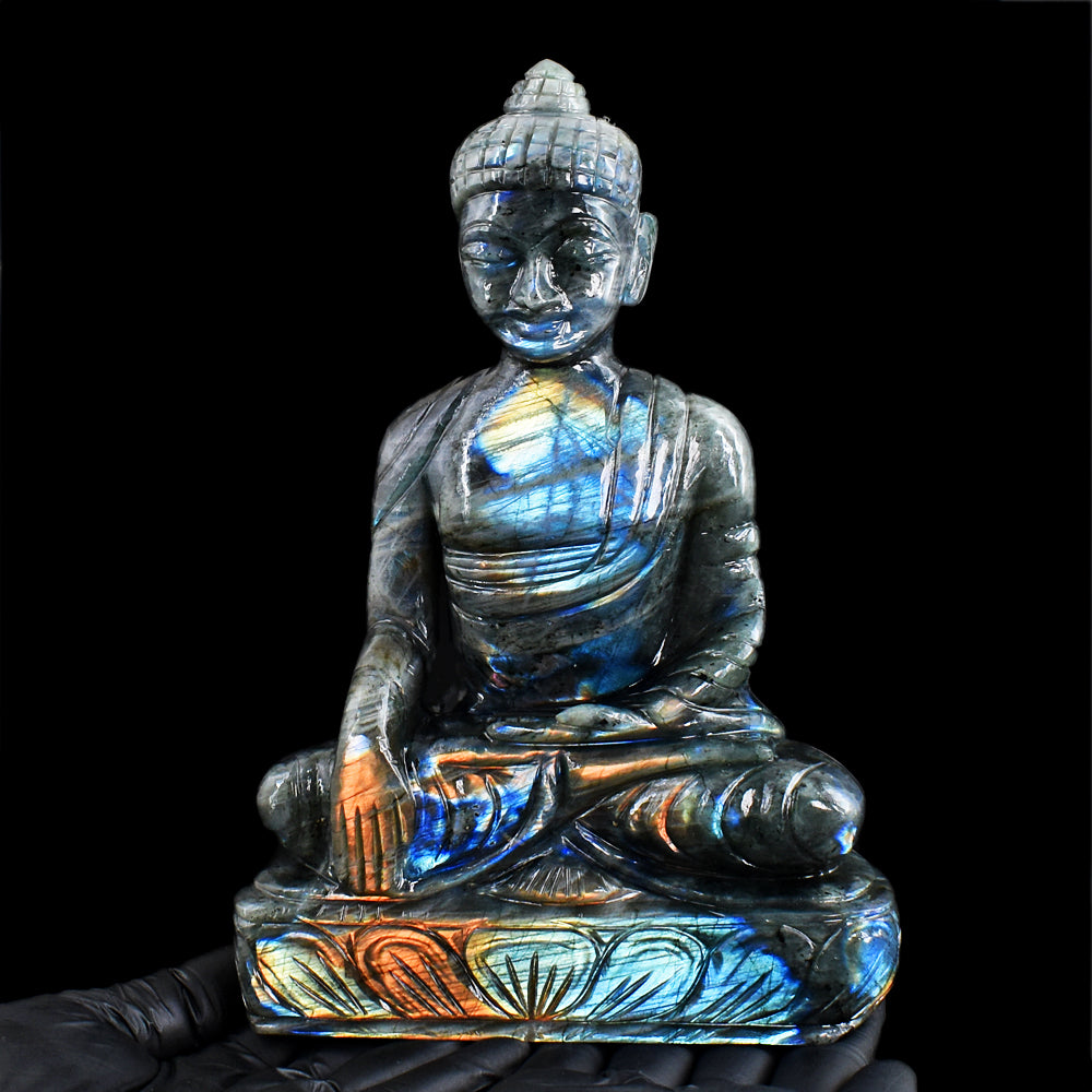 Excellent 8538.00 Cts Genuine Amazing Flash Labradorite Hand Carved Crystal Buddha Idol Gemstone Carving