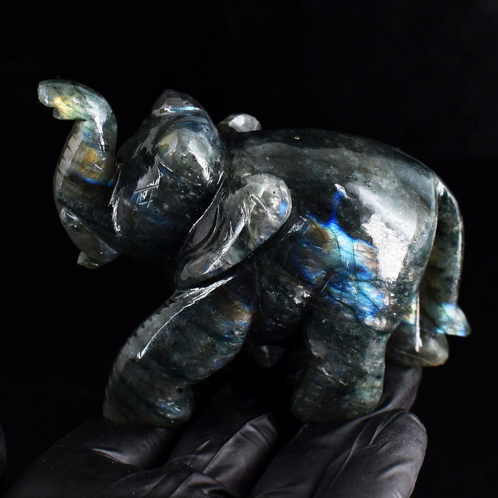 Genuine 1214.00 Cts Amazing Flash Labradorite Hand Carved Gemstone Crystal Elephant Carving