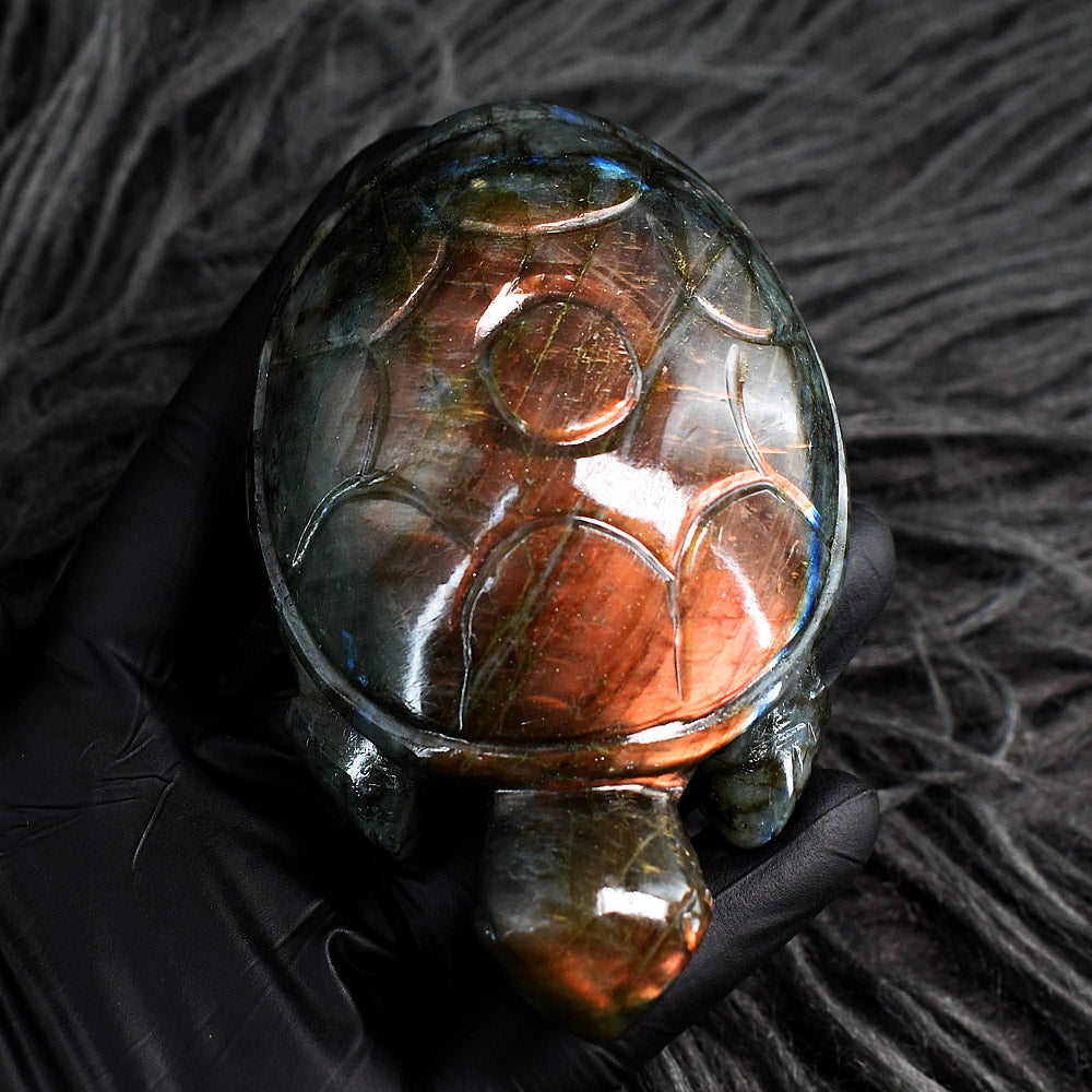 Stunning 1192.00 Carats Genuine Orange & Blue Flash Labradorite Hand Carved Gemstone Crystal Turtle Carving