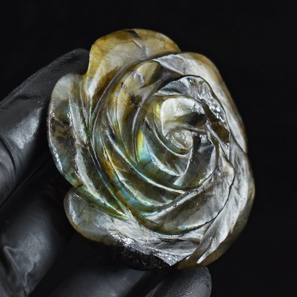 Exclusive 457.00 Cts Genuine Blue Flash Labradorite Hand Carved Gemstone Rose Crystal Carving