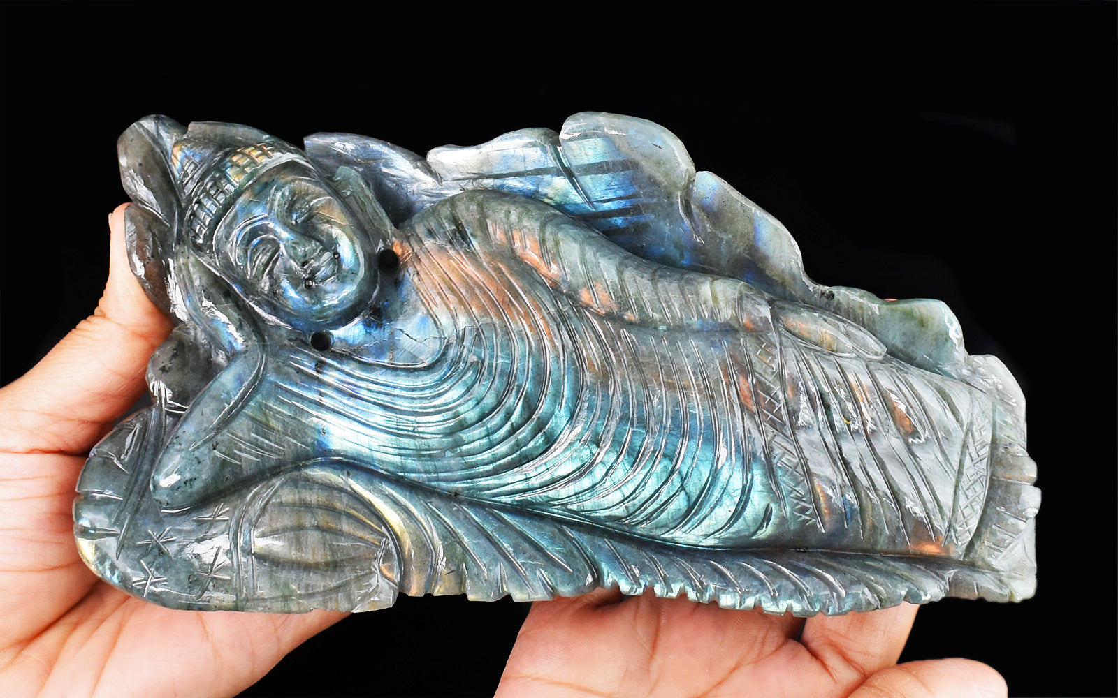 Gorgeous 6465.00 Cts Genuine Pink & Blue Flash Labradorite Hand Carved Crystal Gemstone Sleeping Lord Buddha Carving