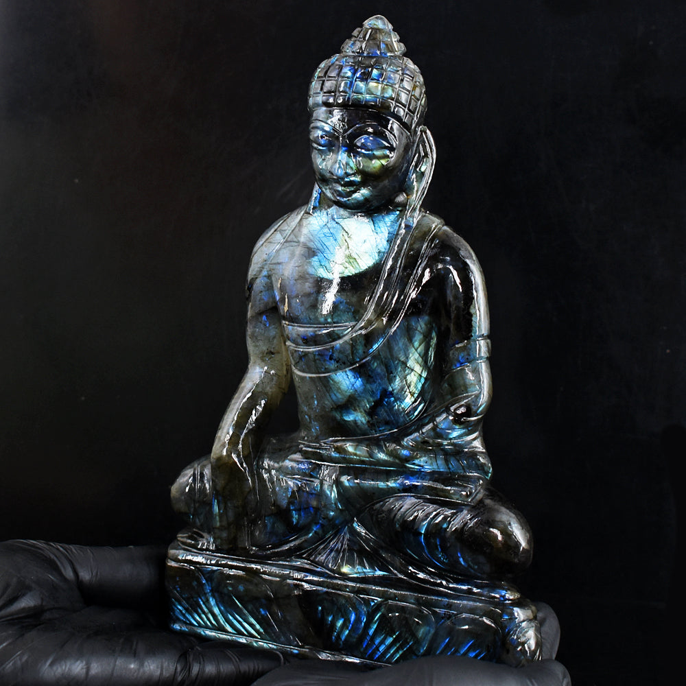 Beautiful 6255.00 Cts Genuine Blue Flash Labradorite Hand Carved Buddha Idol Gemstone Carving