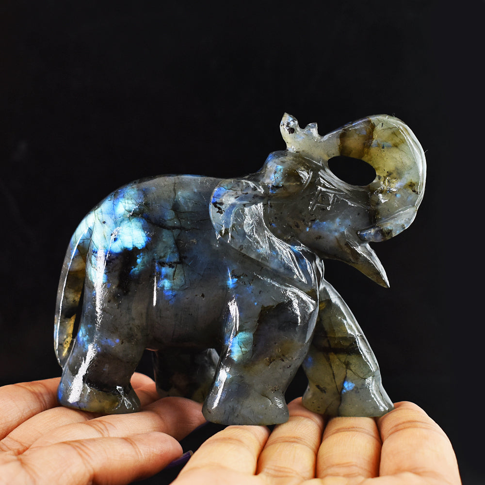 Craftsmen  Blue Flash Labradorite  Hand Carved Genuine Crystal Gemstone Carving Elephant