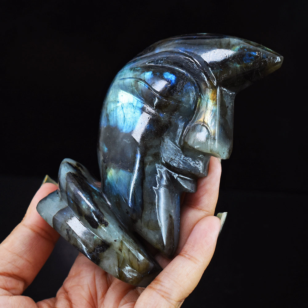 Genuine  1183.00 Carats  Blue Flash Labradorite Moon With Stand Hand  Carved  Gemstone Carving