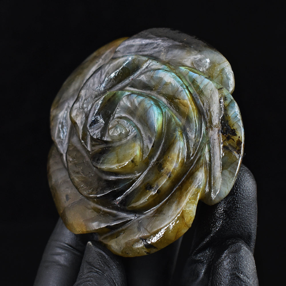 Exclusive 457.00 Cts Genuine Blue Flash Labradorite Hand Carved Gemstone Rose Crystal Carving