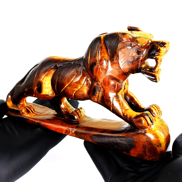 Beautiful 3682.00 Carats Genuine Tiger Eye Hand Carved Gemstone Crystal Lion Carving