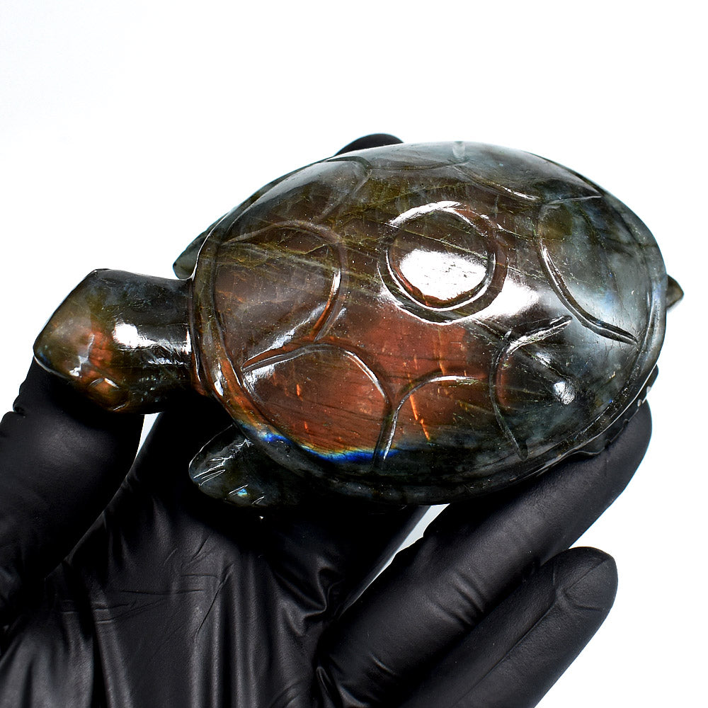 Stunning 1192.00 Carats Genuine Orange & Blue Flash Labradorite Hand Carved Gemstone Crystal Turtle Carving