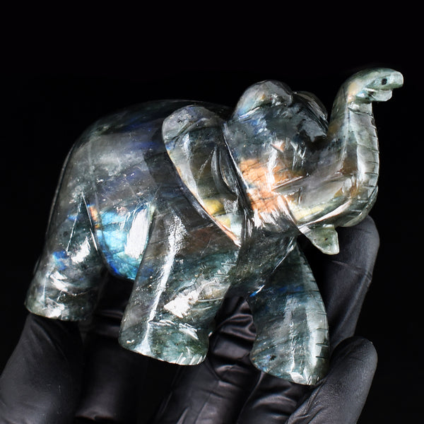 Genuine 1214.00 Cts Amazing Flash Labradorite Hand Carved Gemstone Crystal Elephant Carving