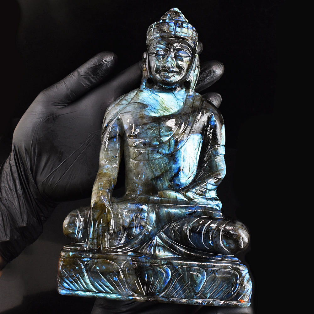 Beautiful 6255.00 Cts Genuine Blue Flash Labradorite Hand Carved Buddha Idol Gemstone Carving