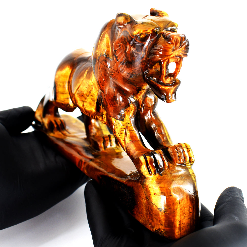 Beautiful 3682.00 Carats Genuine Tiger Eye Hand Carved Gemstone Crystal Lion Carving