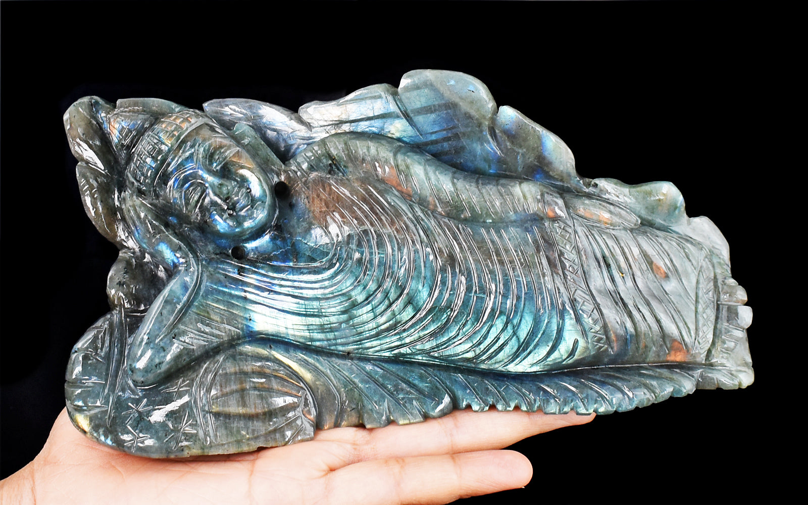 Gorgeous 6465.00 Cts Genuine Pink & Blue Flash Labradorite Hand Carved Crystal Gemstone Sleeping Lord Buddha Carving