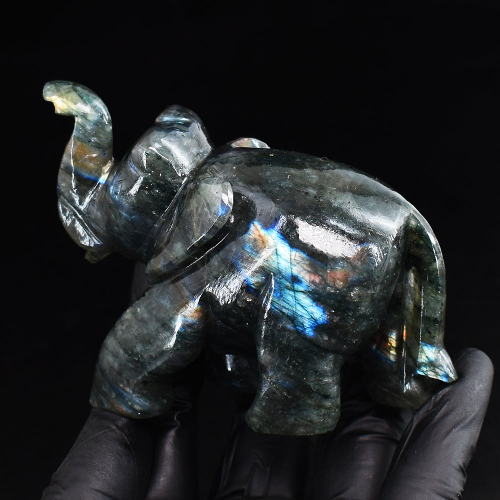 Genuine 1214.00 Cts Amazing Flash Labradorite Hand Carved Gemstone Crystal Elephant Carving