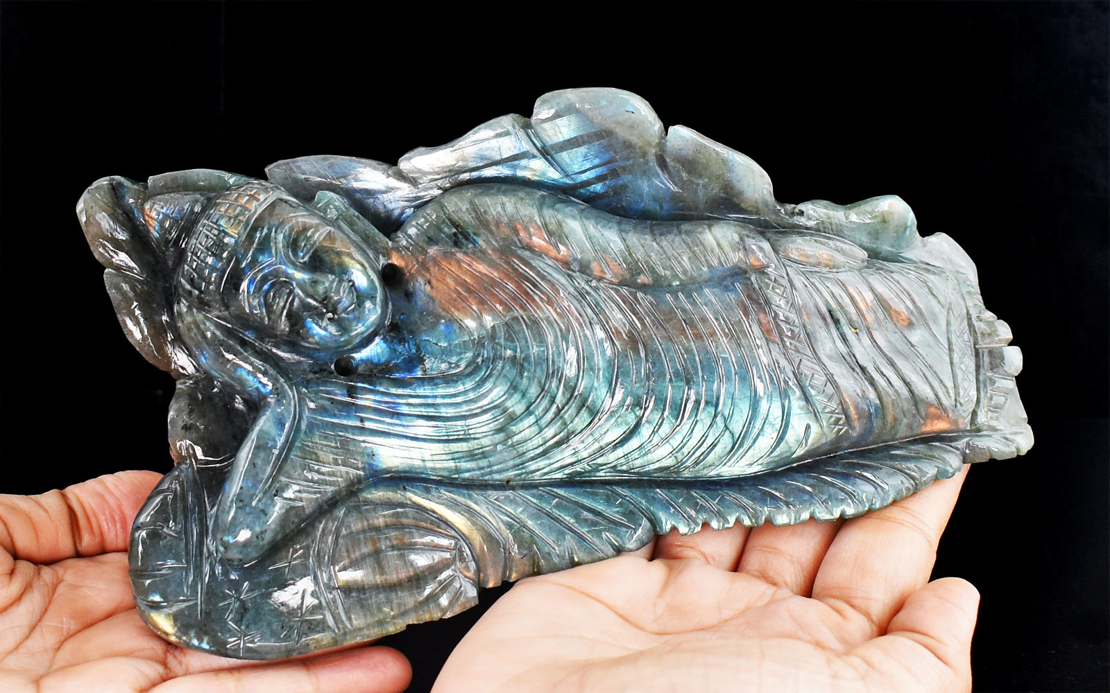 Gorgeous 6465.00 Cts Genuine Pink & Blue Flash Labradorite Hand Carved Crystal Gemstone Sleeping Lord Buddha Carving