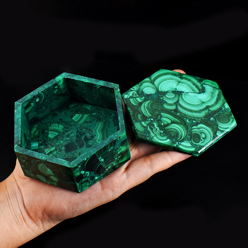 Stunning  1285.00 Carats  Genuine  Malachite  Hand Carved  Crystal Gemstone Carving Box