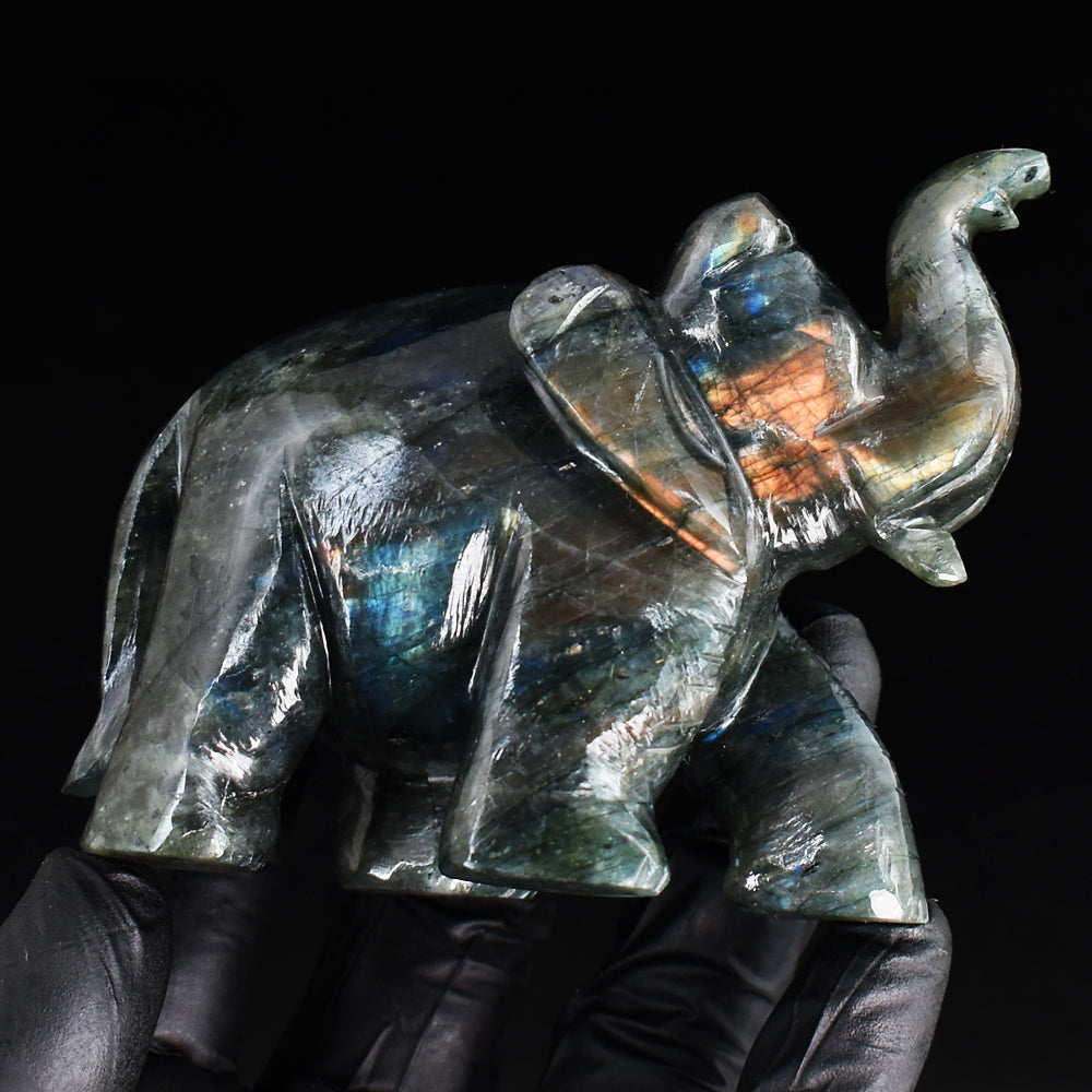 Genuine 1214.00 Cts Amazing Flash Labradorite Hand Carved Gemstone Crystal Elephant Carving