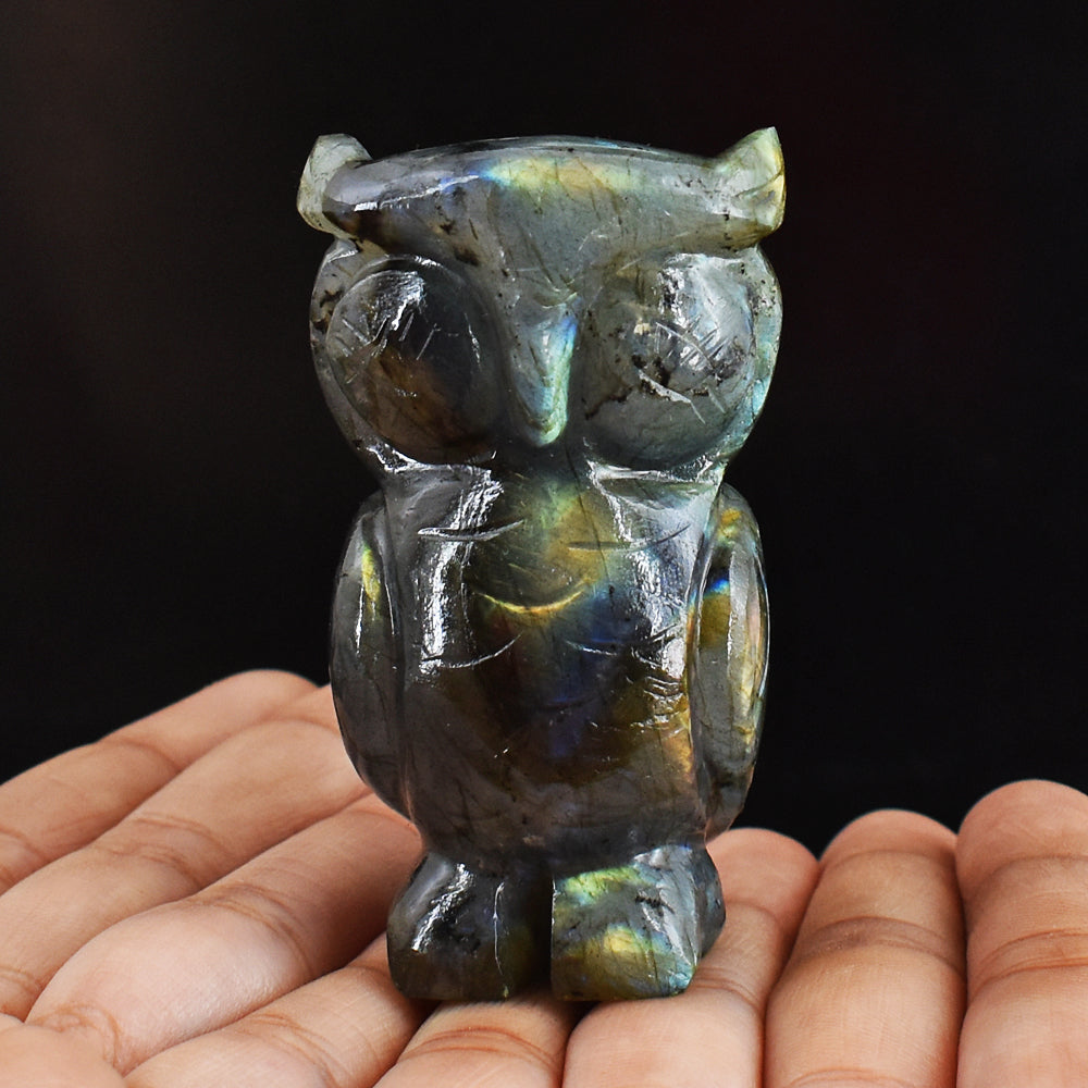 Exclusive 649.00 Carats  Genuine  Golden & Blue Flash Labradorite Hand Carved Crystal  Owl Carving