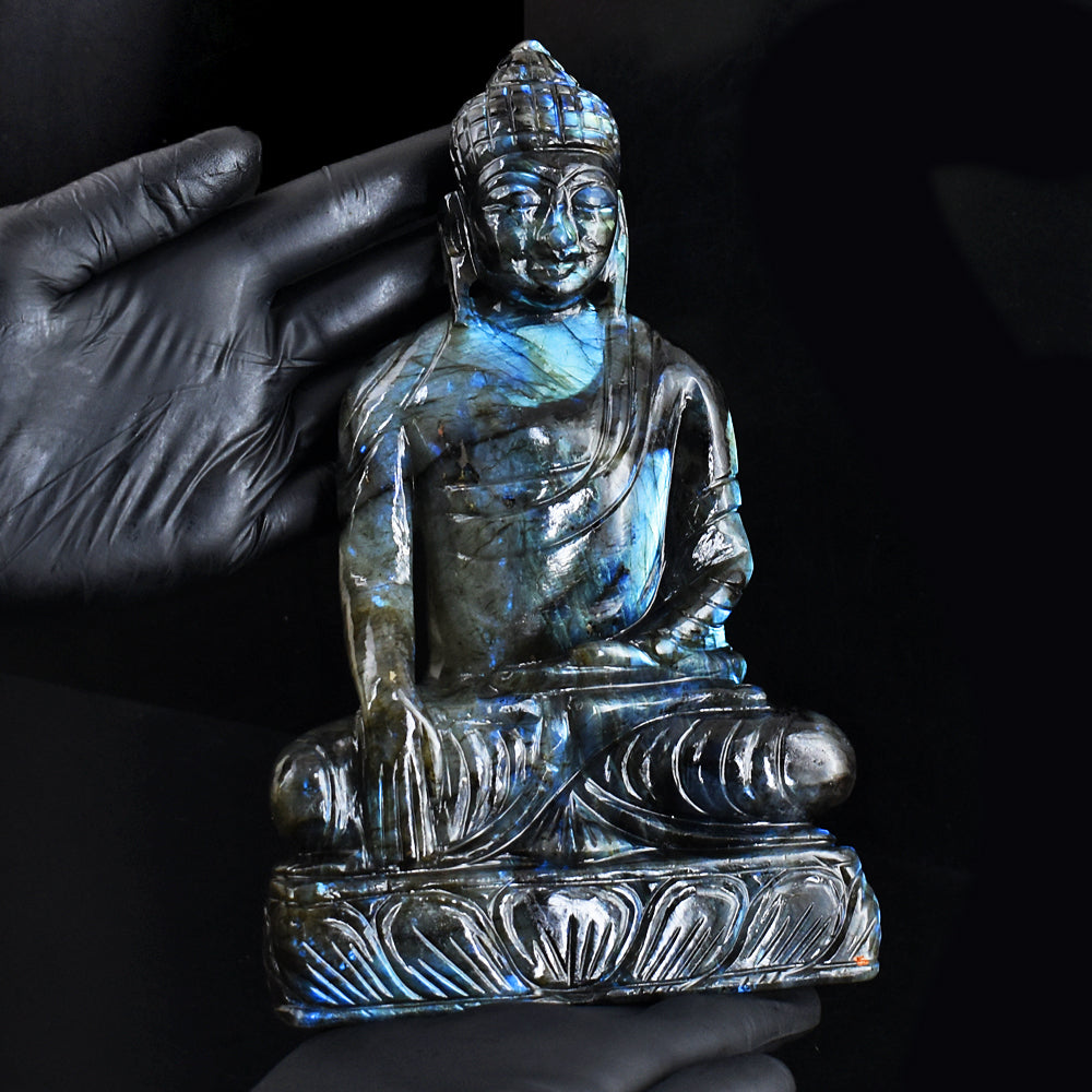 Beautiful 6255.00 Cts Genuine Blue Flash Labradorite Hand Carved Buddha Idol Gemstone Carving