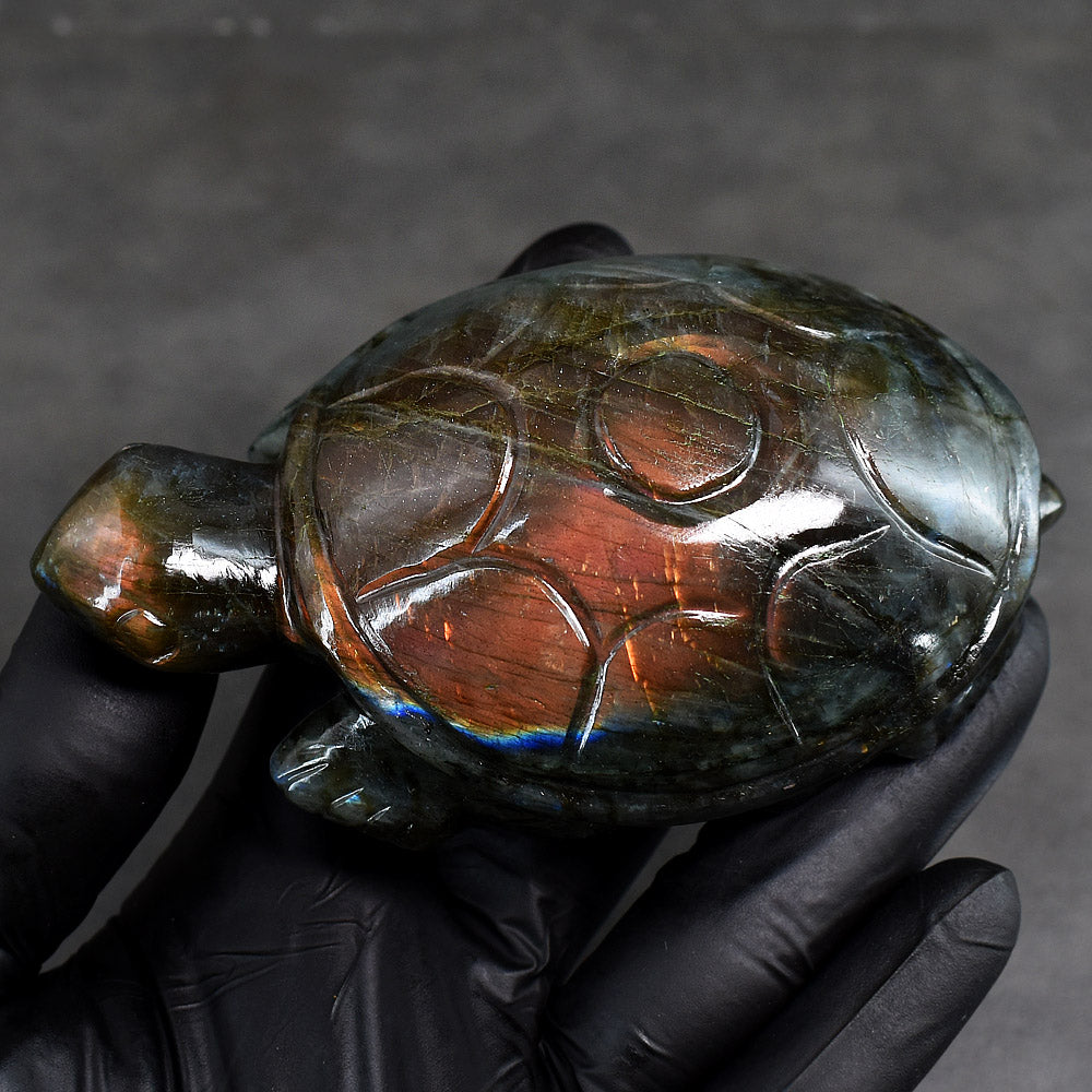 Stunning 1192.00 Carats Genuine Orange & Blue Flash Labradorite Hand Carved Gemstone Crystal Turtle Carving