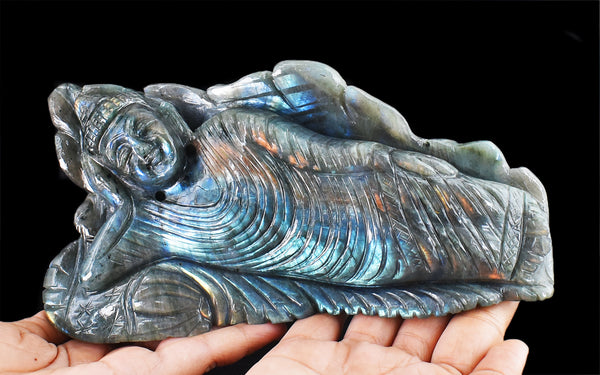 Gorgeous 6465.00 Cts Genuine Pink & Blue Flash Labradorite Hand Carved Crystal Gemstone Sleeping Lord Buddha Carving