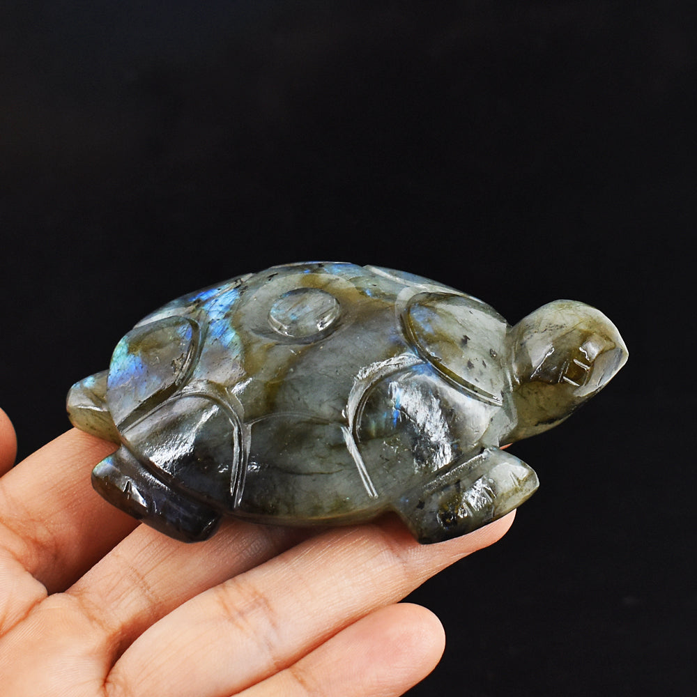 Beautiful 672.00 Carats  Genuine Blue Flash Labradorite  Hand Carved  Crystal Turtle Carving