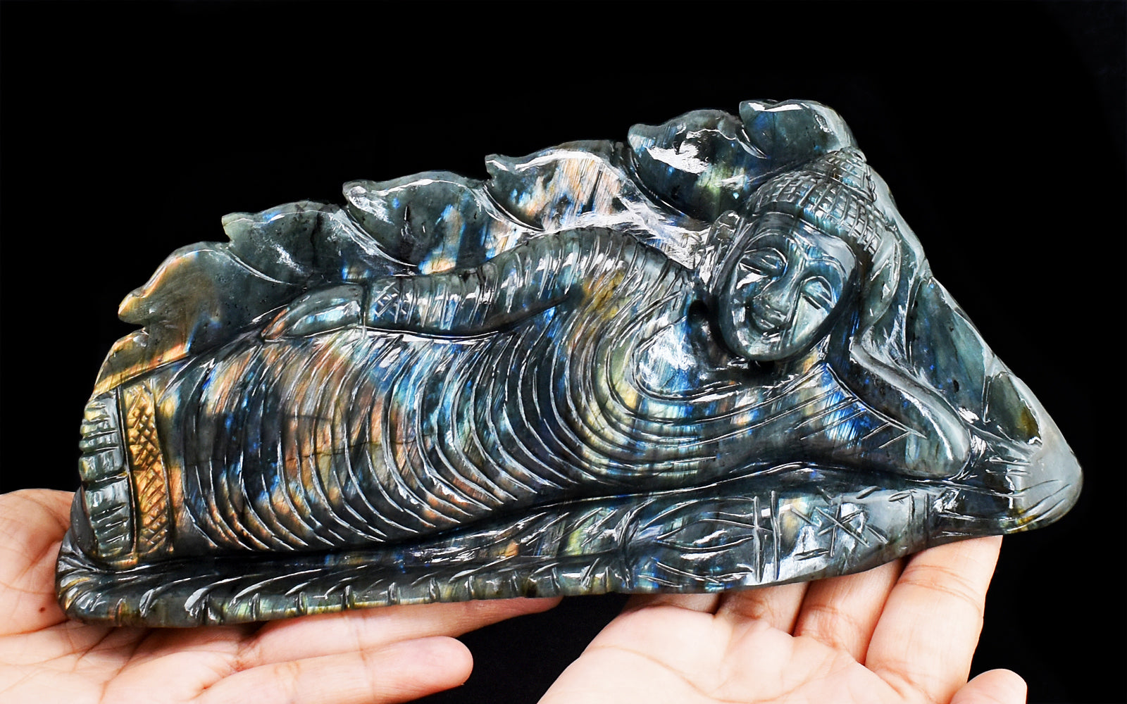 Stunning 7155.00 Cts Genuine Pink & Blue Flash Labradorite Hand Carved Crystal Sleeping Lord Buddha Carving