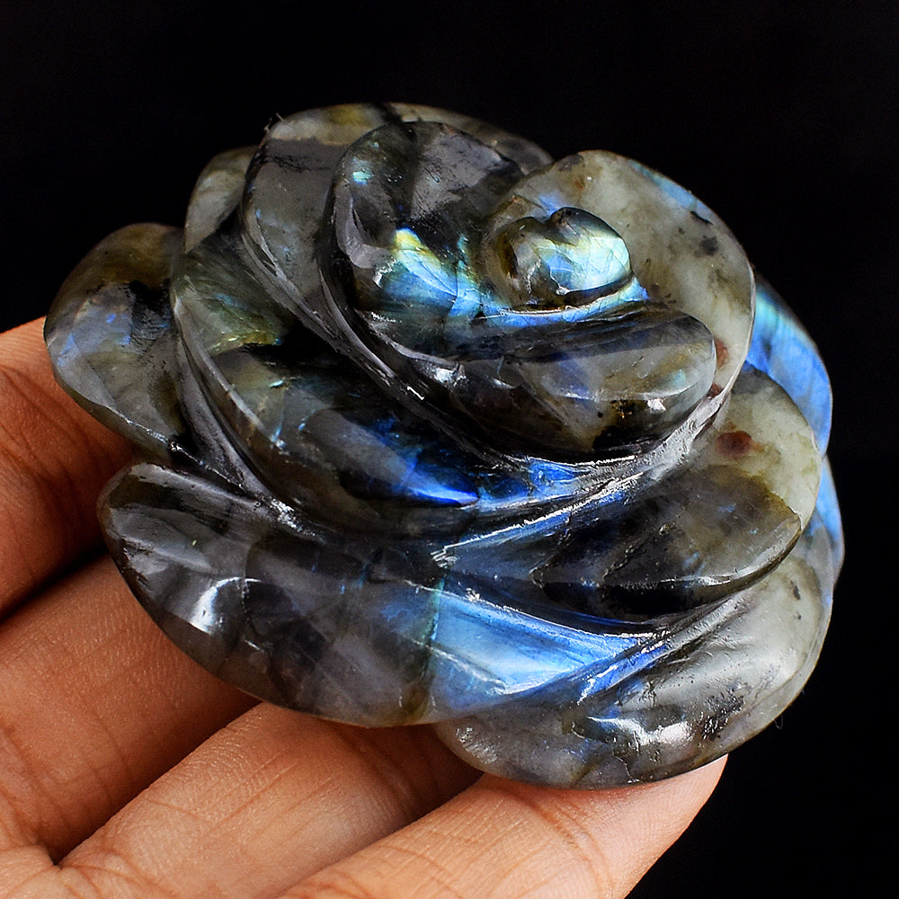 Awesome  440.00 Carats  Genuine  Amazing  Flash  Labradorite Hand  Carved  Crystal  Rose Gemstone  Carving