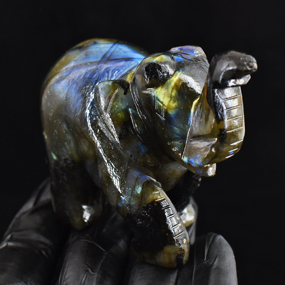 Genuine 960.00 Cts  Blue Flash Labradorite Hand Carved Gemstone Crystal  Elephant Carving