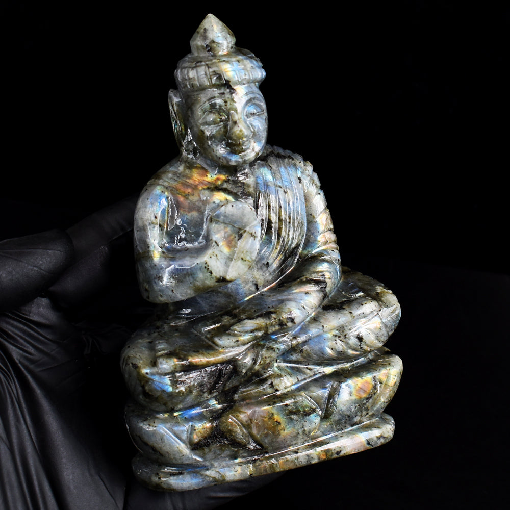 Awesome 1635.00 Cts Genuine Flashy Labradorite Hand Carved Crystal Buddha Gemstone Carving