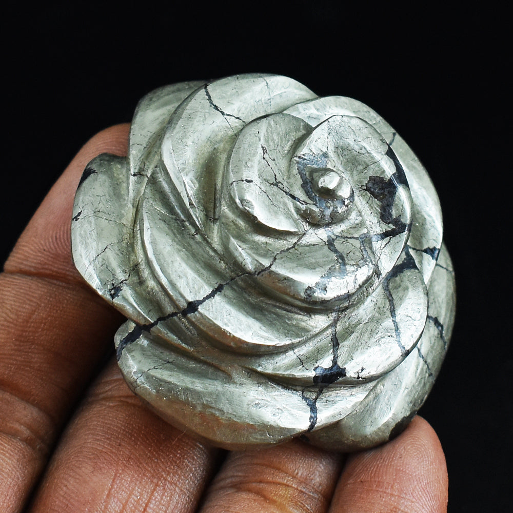 Amazing  574.00 Carats  Genuine  Pyrite  Hand  Carved  Rose  Flower  Gemstone  Carving