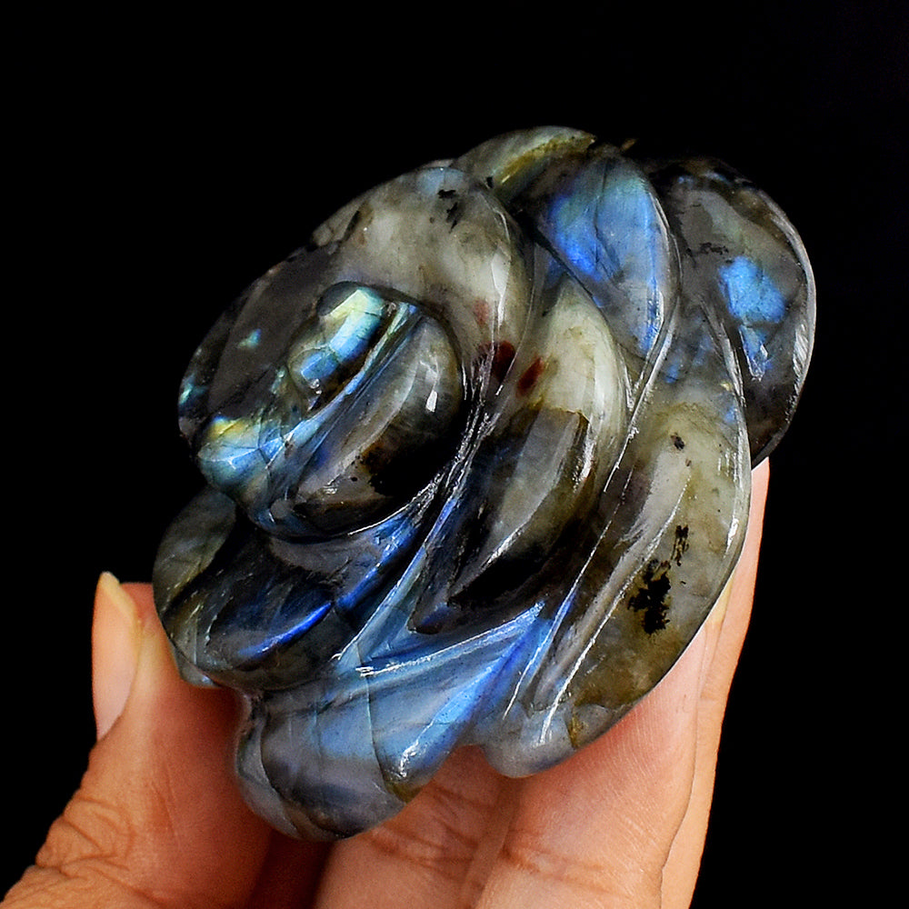 Awesome  440.00 Carats  Genuine  Amazing  Flash  Labradorite Hand  Carved  Crystal  Rose Gemstone  Carving