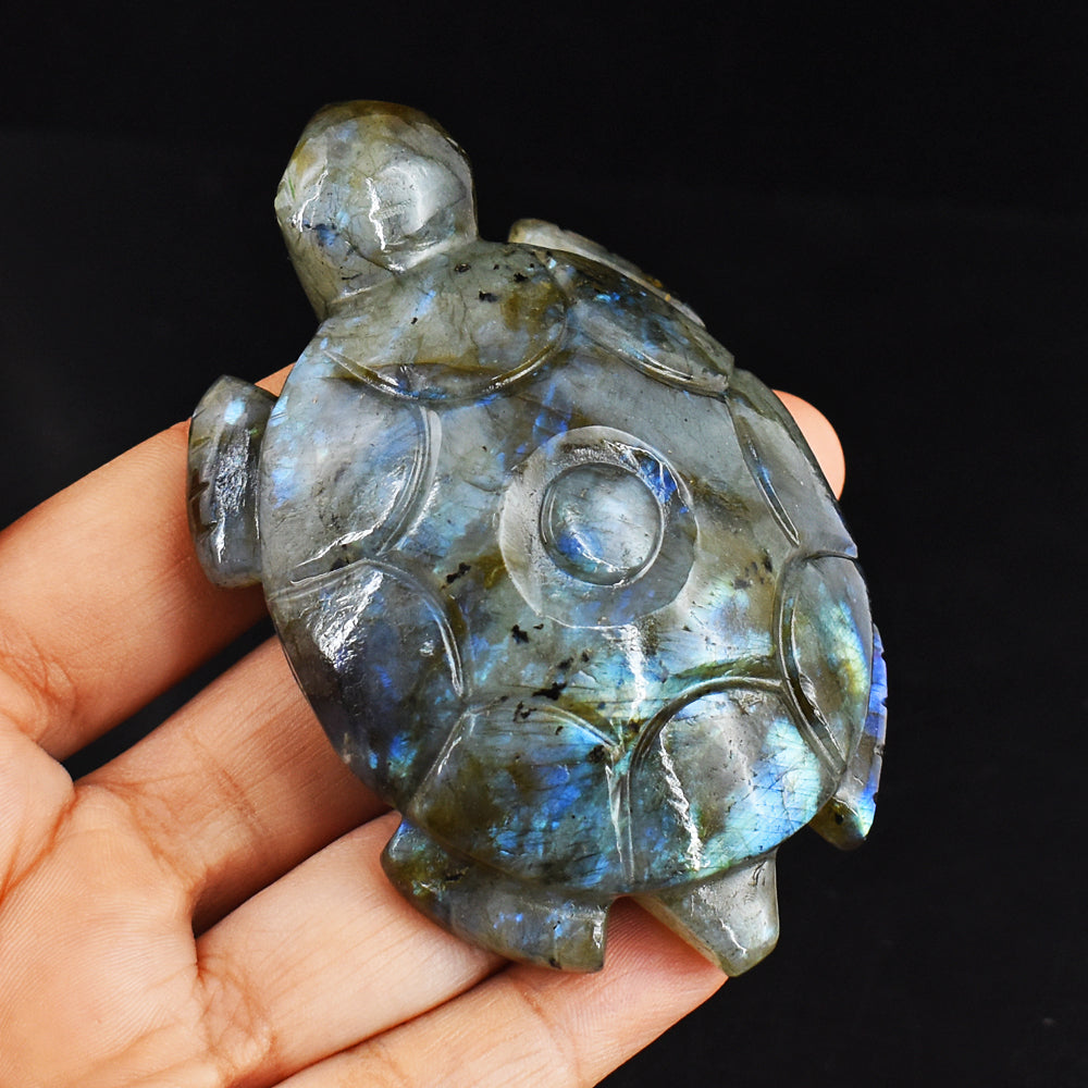 Beautiful 672.00 Carats  Genuine Blue Flash Labradorite  Hand Carved  Crystal Turtle Carving