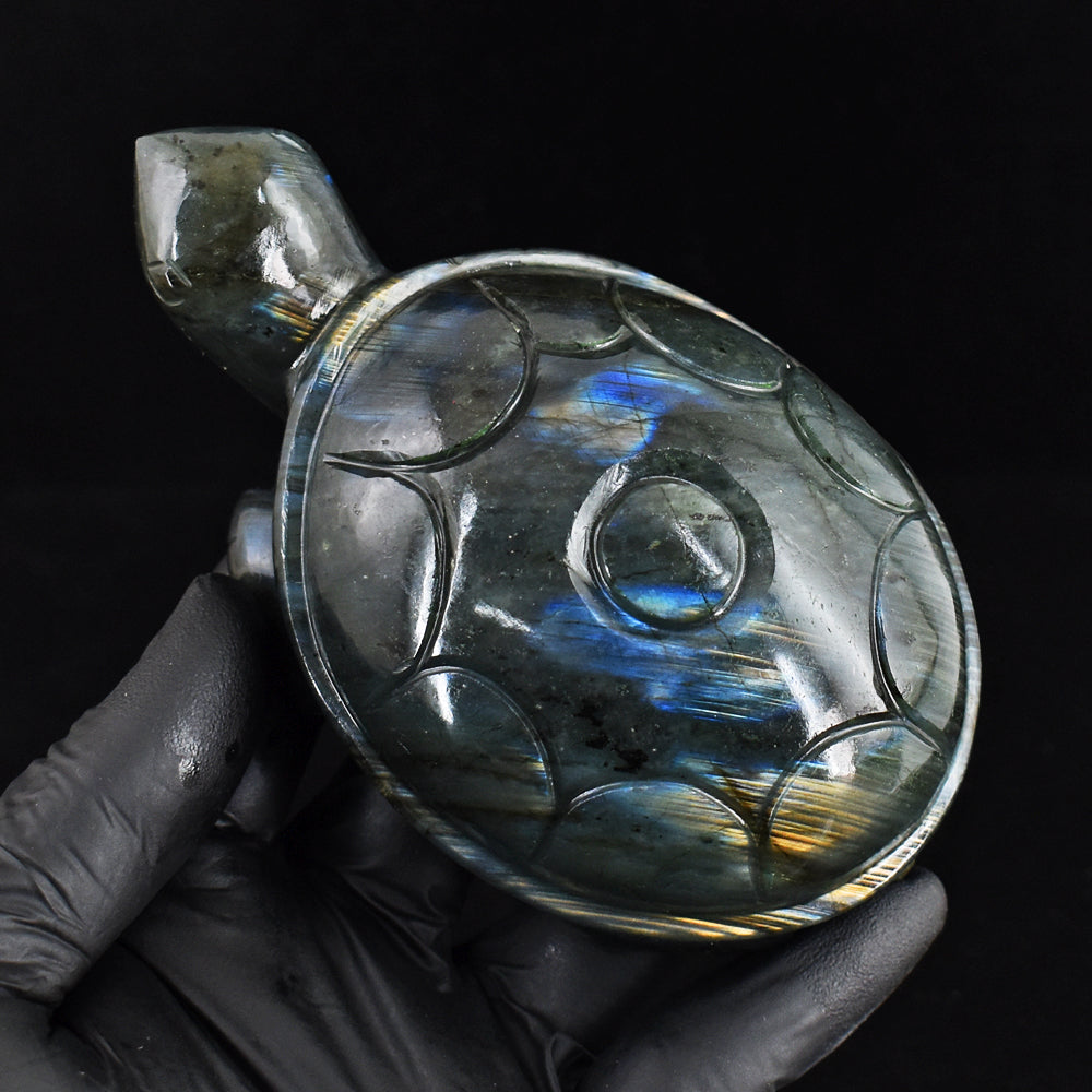 Exclusive 1770.00 Cts Genuine Golden & Blue Flash Labradorite Hand Carved Gemstone Turtle Carving