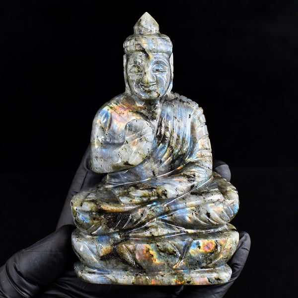 Awesome 1635.00 Cts Genuine Flashy Labradorite Hand Carved Crystal Buddha Gemstone Carving