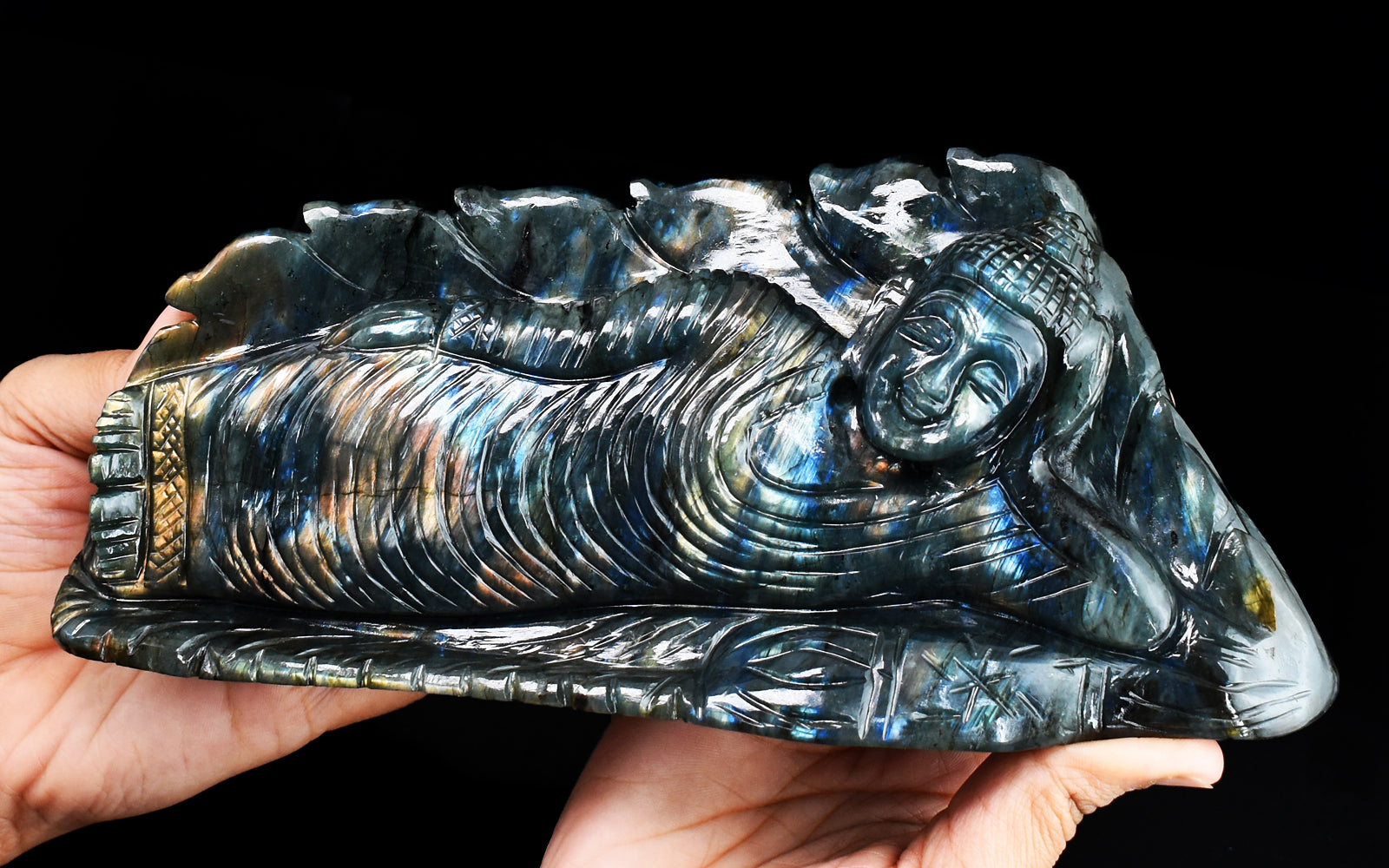 Stunning 7155.00 Cts Genuine Pink & Blue Flash Labradorite Hand Carved Crystal Sleeping Lord Buddha Carving