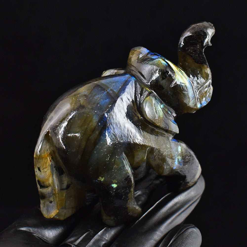 Genuine 960.00 Cts  Blue Flash Labradorite Hand Carved Gemstone Crystal  Elephant Carving