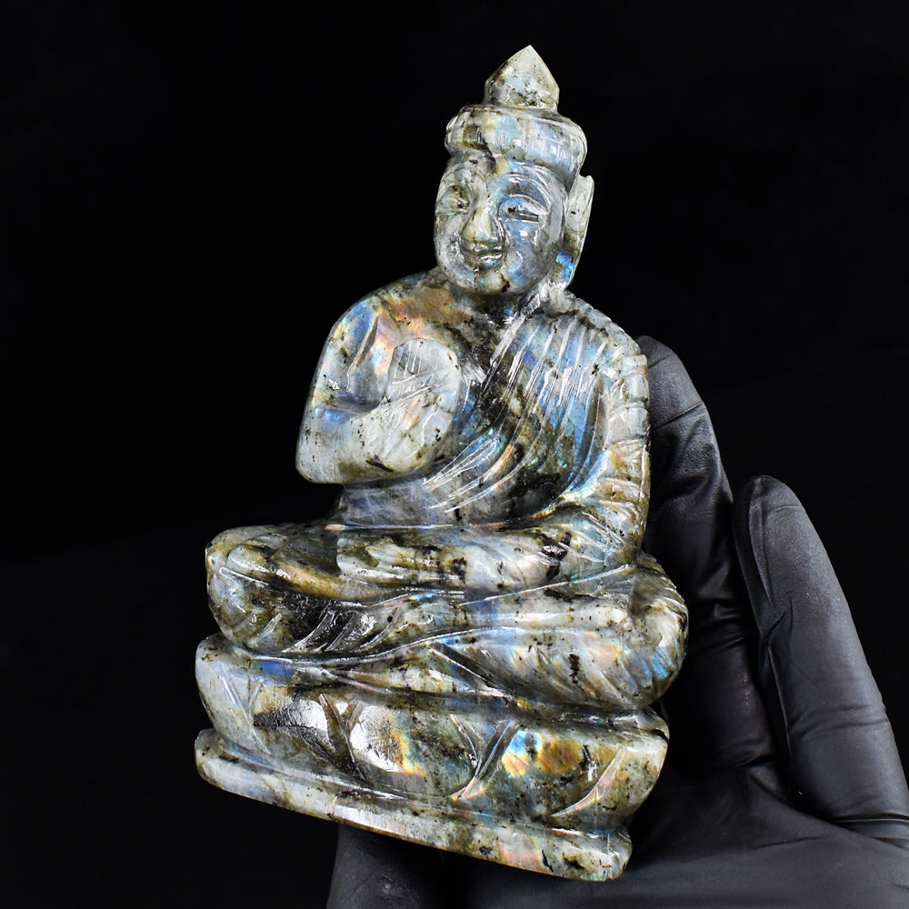 Awesome 1635.00 Cts Genuine Flashy Labradorite Hand Carved Crystal Buddha Gemstone Carving